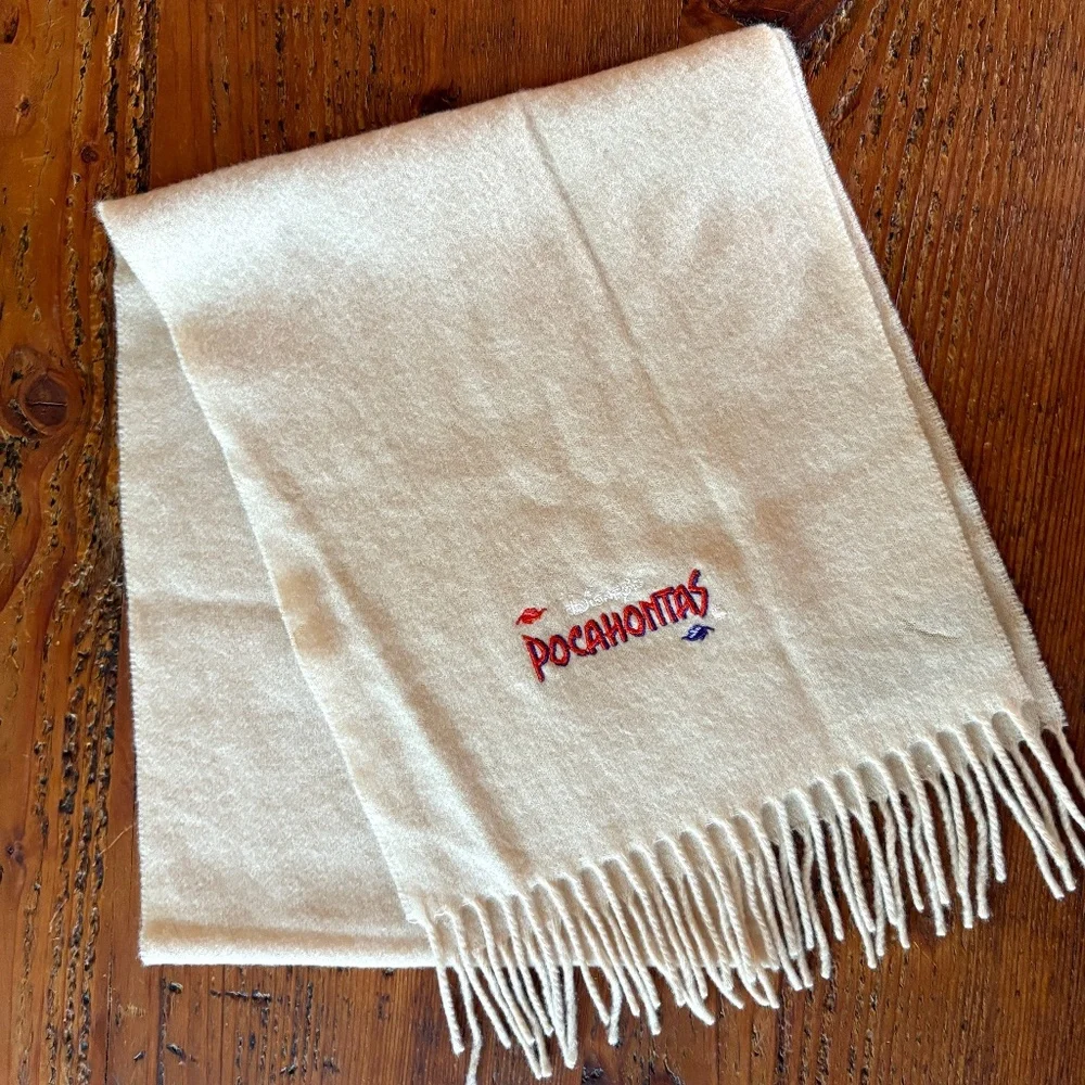 1995 Disney Pocahontas Italian Lambswool Cream Tan Scarf Vintage Embroidered